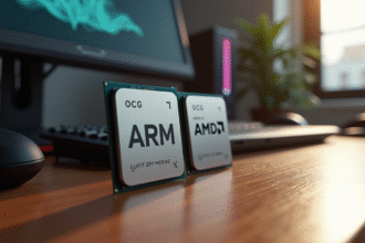 Deux processeurs modernes ARM et AMD sur un bureau lumineux