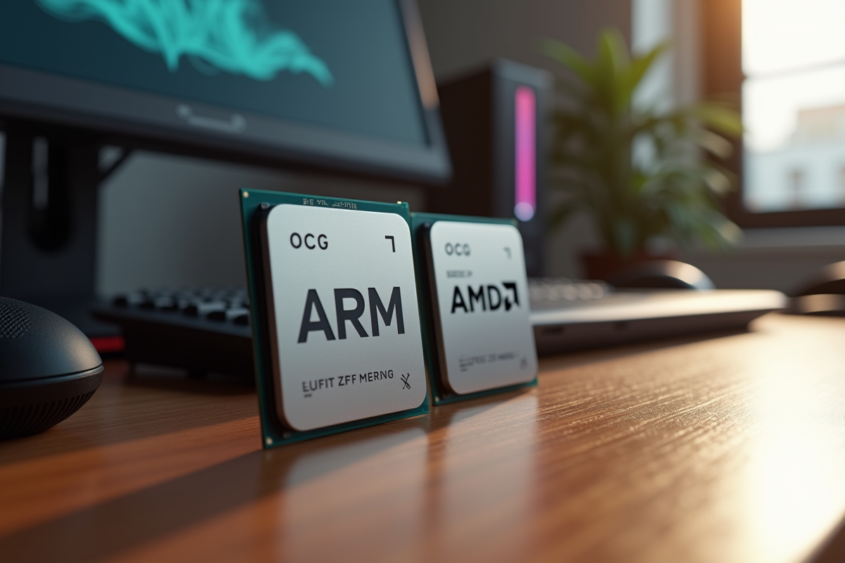 Deux processeurs modernes ARM et AMD sur un bureau lumineux