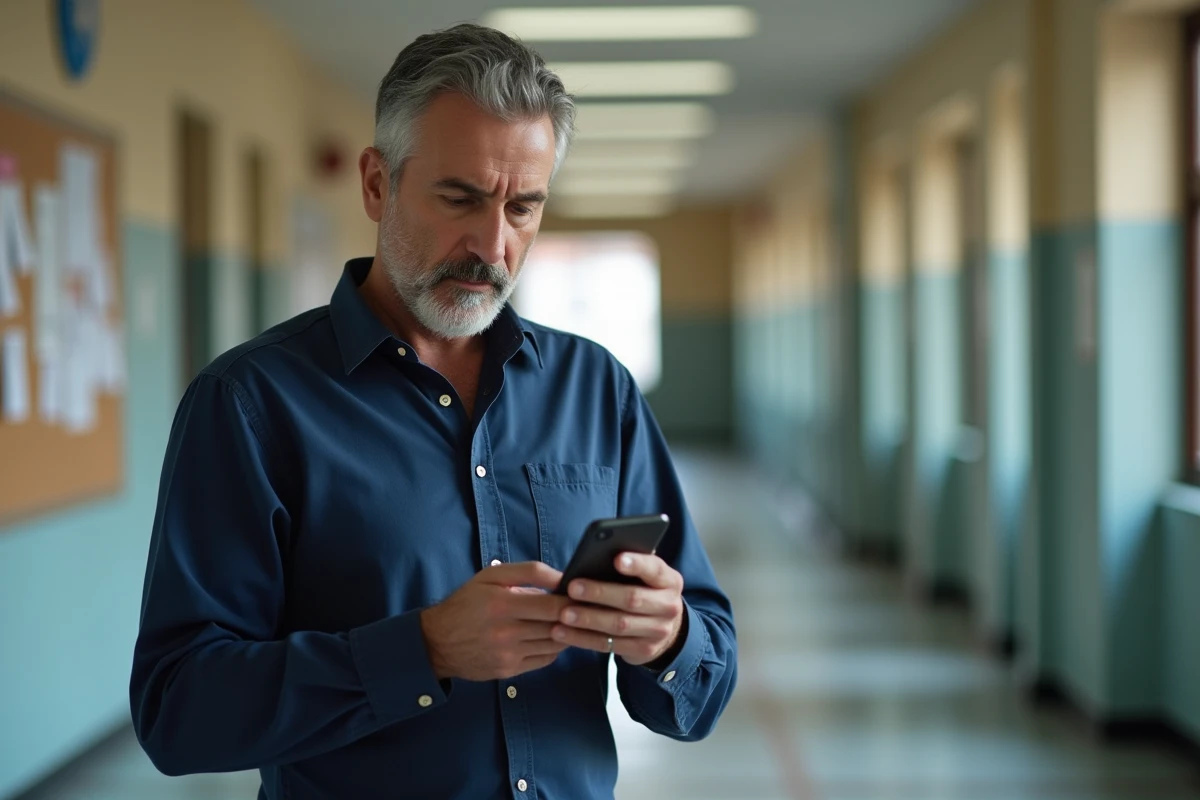 Professeur consultant son téléphone dans un couloir scolaire avec un message d'erreur de boîte mail pleine