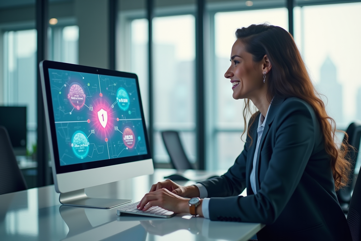 Professionnel souriant travaillant sur un tableau de bord cybersécurité