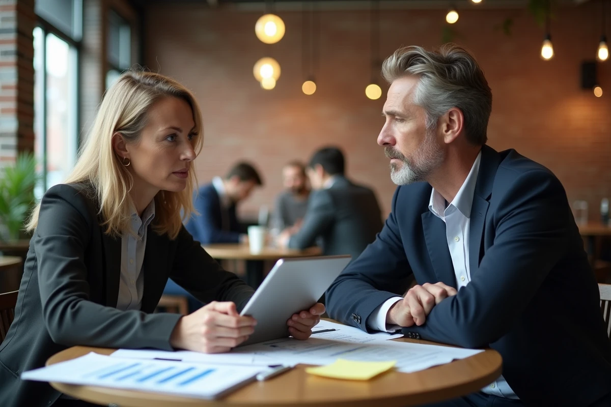 Deux professionnels analysant des données et des offres mystères autour d'une table dans un espace de coworking