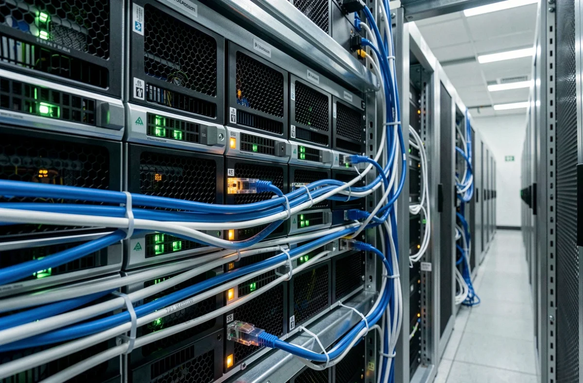 Rack de serveurs dans un centre de données professionnel illustrant l'hébergement payant pour Minecraft