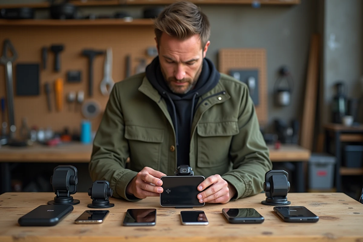 Homme en veste olive comparant la compatibilité d'un support RAM Mount avec différents modèles de smartphones sur un établi d'atelier