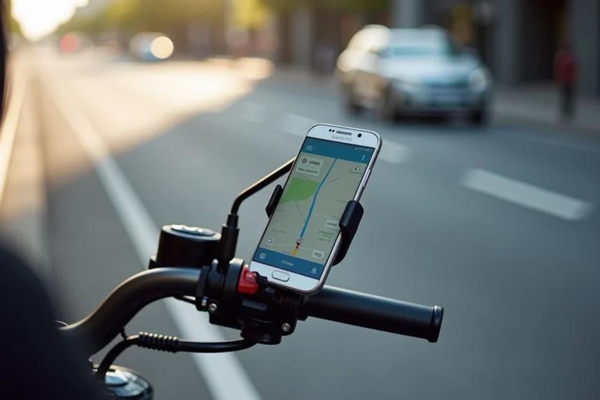 Support RAM Mount X-Grip fixé sur un guidon de moto tenant un Samsung Galaxy avec GPS ouvert en ville