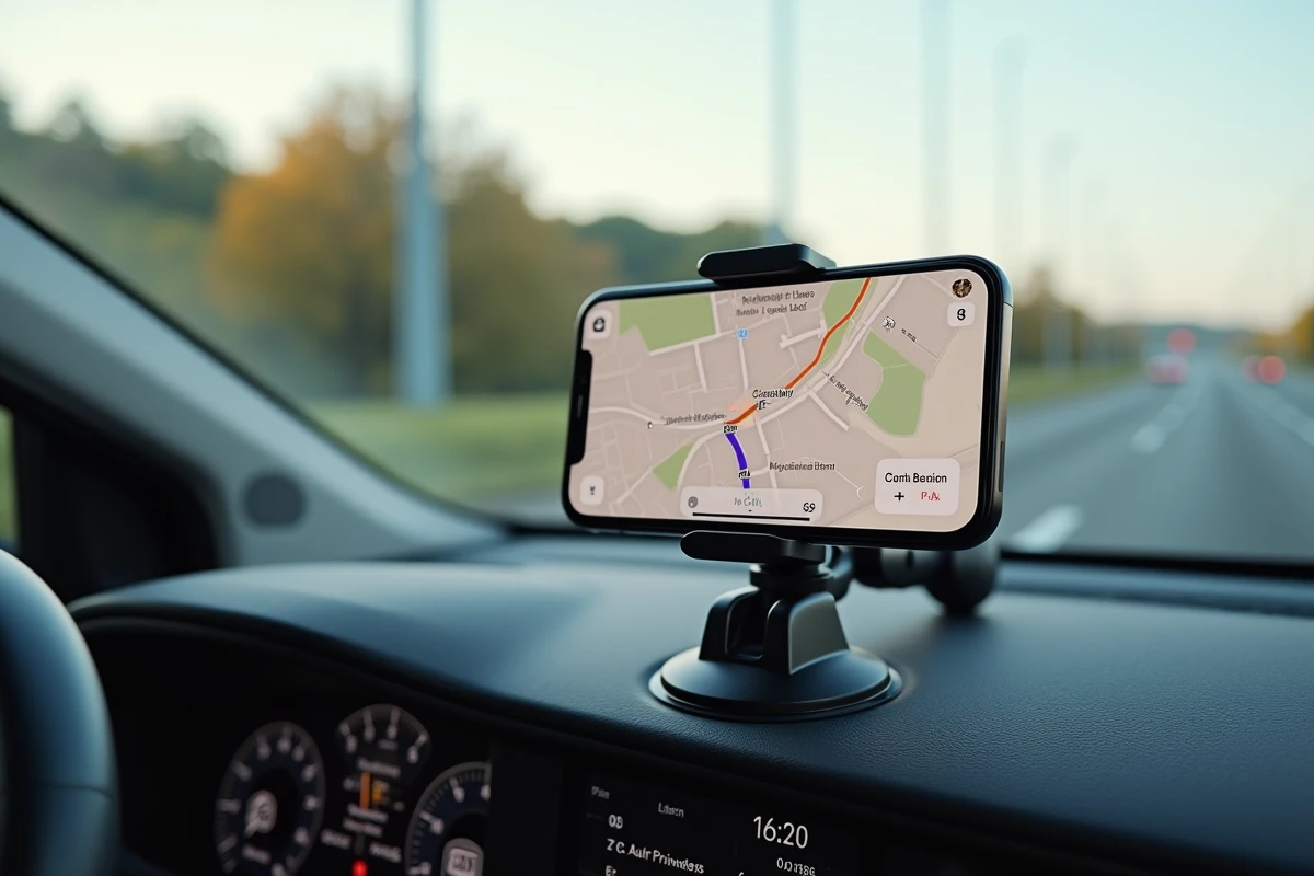 Support RAM Mount à ventouse sur tableau de bord de voiture avec iPhone 15 Pro affichant une application de navigation