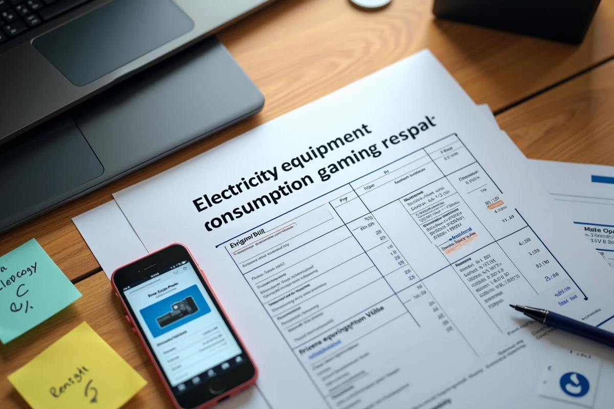 Vue de dessus d'un bureau avec un rapport d'estimation de consommation électrique pour PC gamer, une facture d'énergie et un smartphone affichant un calculateur de consommation