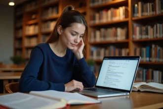 Étudiante effectuant une recherche académique sur Google USA dans une bibliothèque universitaire