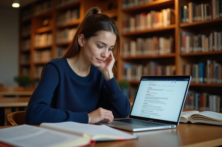Étudiante effectuant une recherche académique sur Google USA dans une bibliothèque universitaire
