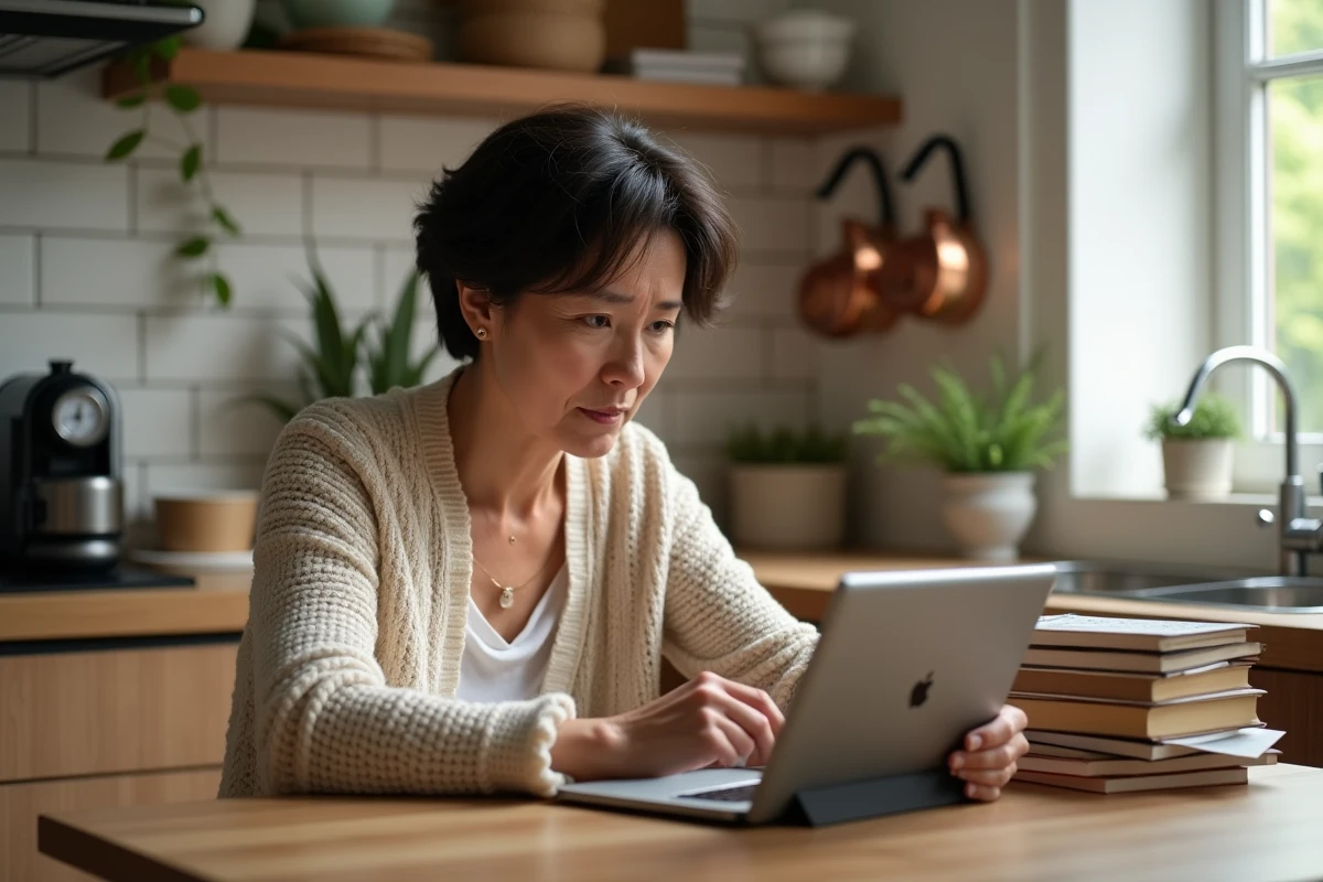 Femme à domicile tentant de récupérer son mot de passe oublié sur son webmail depuis une tablette