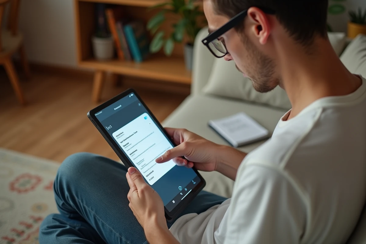Jeune adulte configurant la redirection de ses emails sur une tablette depuis son salon confortable