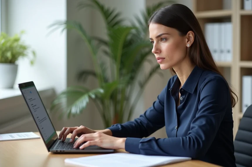 Femme professionnelle configurant la redirection de ses mails sur un ordinateur portable dans un bureau moderne