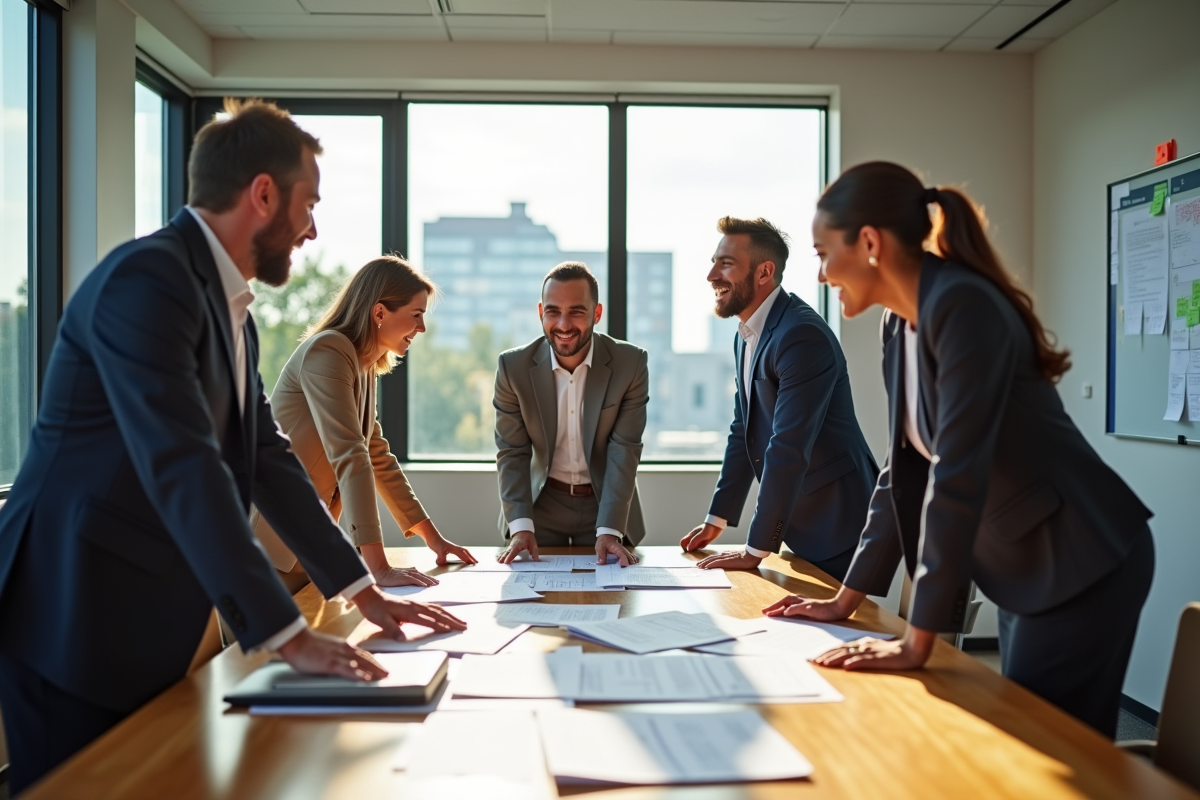 Groupe de professionnels discutant autour d