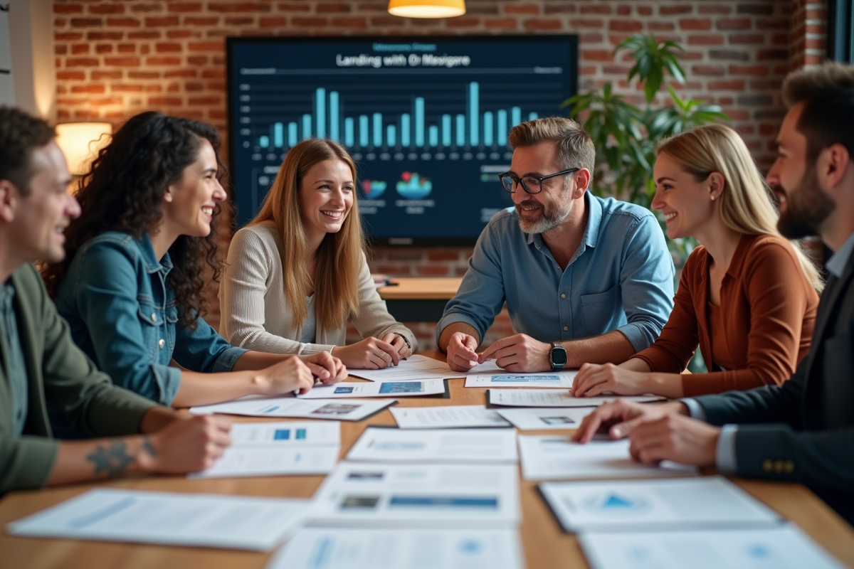 Groupe de marketeurs discutant autour de maquettes de landing page