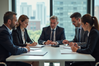 Groupe de professionnels en réunion d'affaires dans une salle moderne