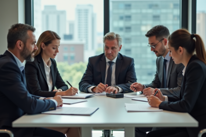 Groupe de professionnels en réunion d'affaires dans une salle moderne