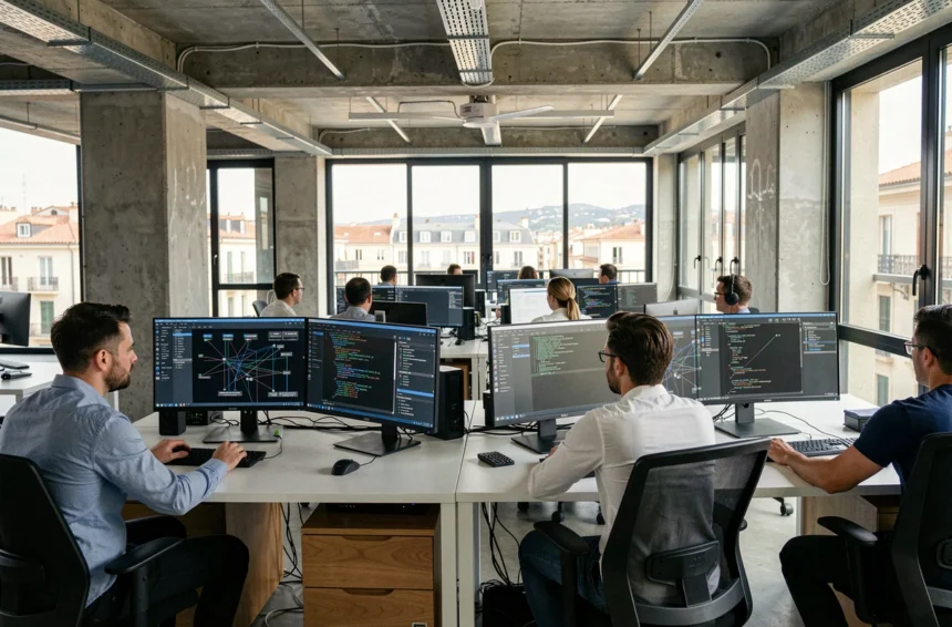 Vue panoramique d'un bureau informatique moderne à Marseille avec des professionnels collaborant sur des systèmes d'infogérance
