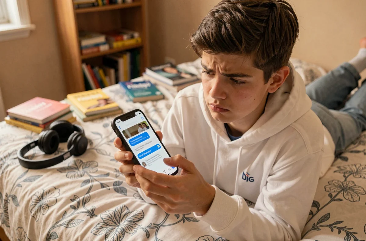 Adolescent allongé sur son lit consultant un sondage bloqué sur l'application Messenger depuis son téléphone