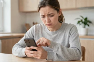 Femme frustrée regardant un sondage bloqué sur Messenger depuis son smartphone à la maison