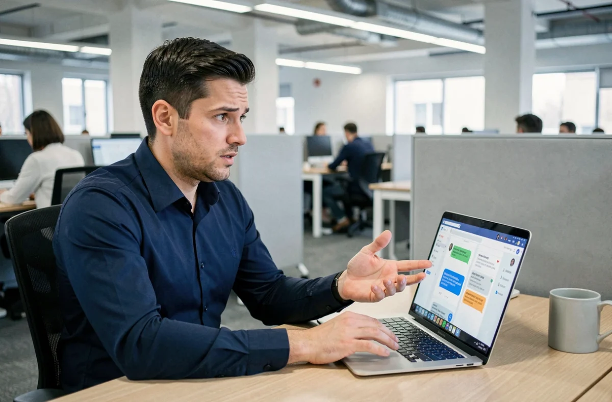 Homme au bureau essayant de supprimer un sondage bloqué sur Messenger depuis un ordinateur portable