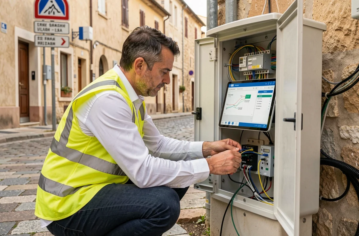 Technicien télécom raccordant des équipements pour une collectivité dans le cadre d'une mission d'infogérance