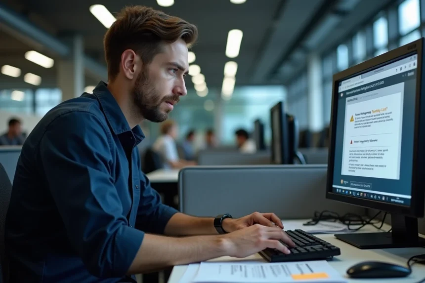 Technicien informatique analysant un avertissement de compatibilité Silverlight sur un écran de bureau dans un bureau moderne