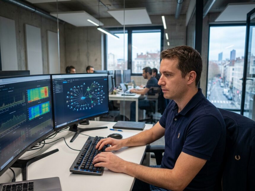 Technicien informatique d'une société d'infogérance à Lyon travaillant sur des tableaux de bord de supervision réseau