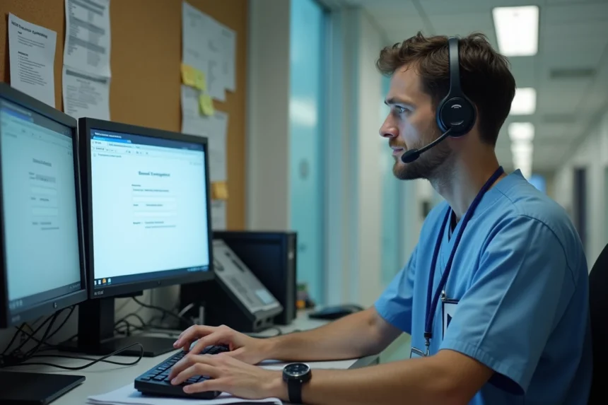 Technicien informatique hospitalier troubleshootant un problème de connexion Zimbra sur un poste de travail en milieu médical