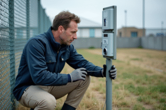 Technicien de sécurité inspectant un capteur extérieur