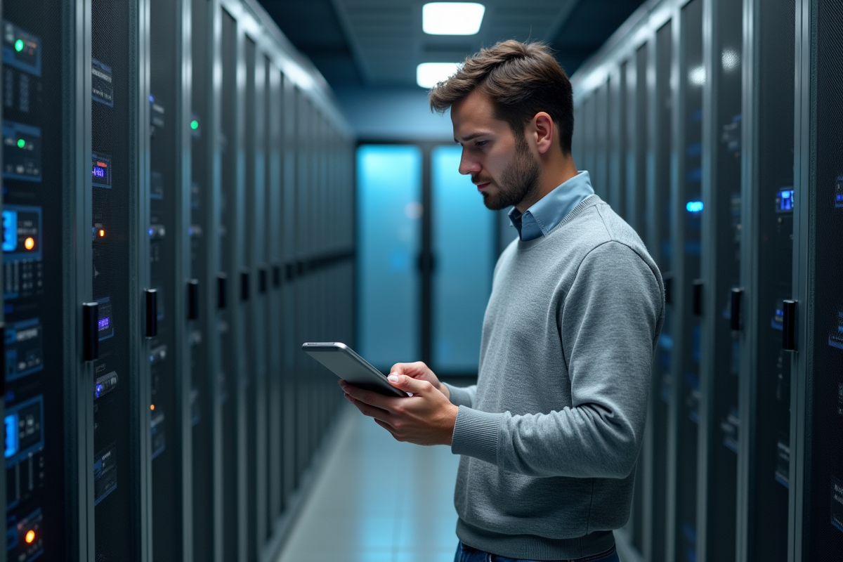 Jeune homme spécialiste IT contrôlant un serveur dans un centre de données