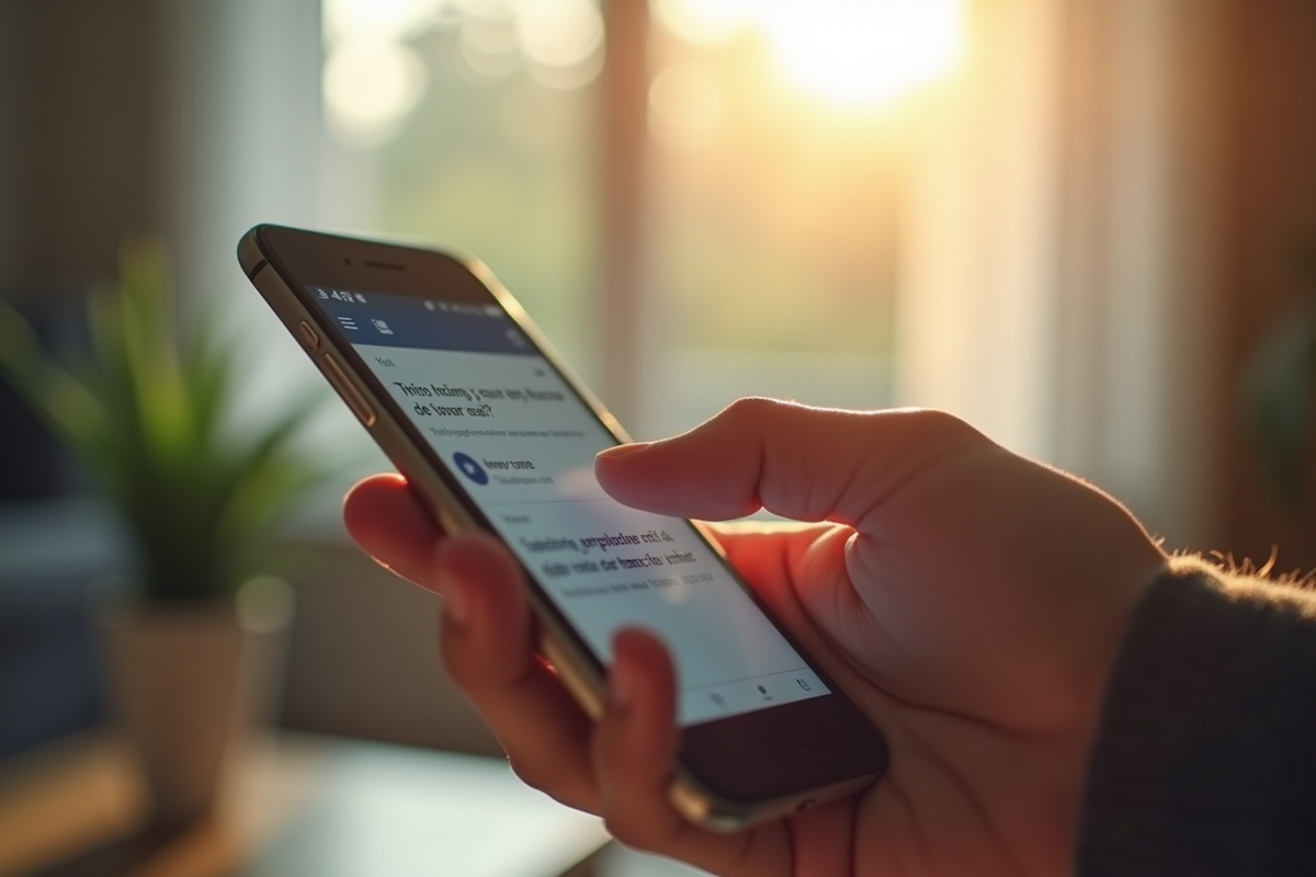 Main tenant un smartphone avec email suspect en fond