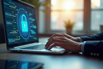 Professionnel travaillant sur un bureau moderne avec un cadenas holographique