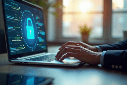 Professionnel travaillant sur un bureau moderne avec un cadenas holographique