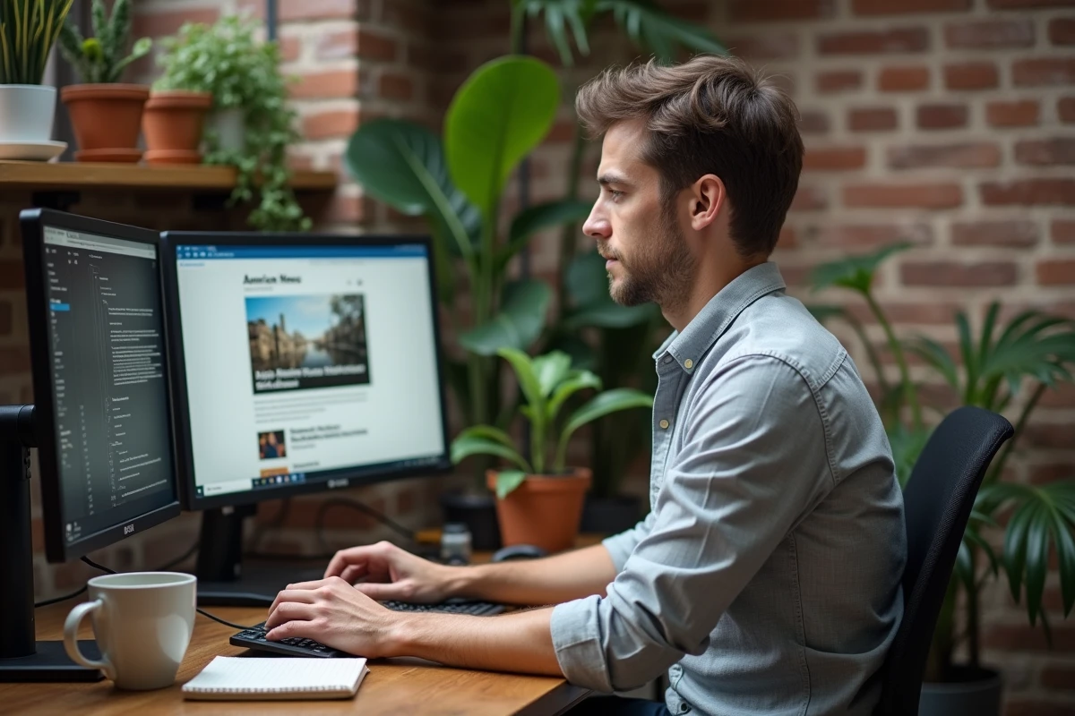 Professionnel effectuant une veille informationnelle sur des sources américaines depuis son bureau à domicile