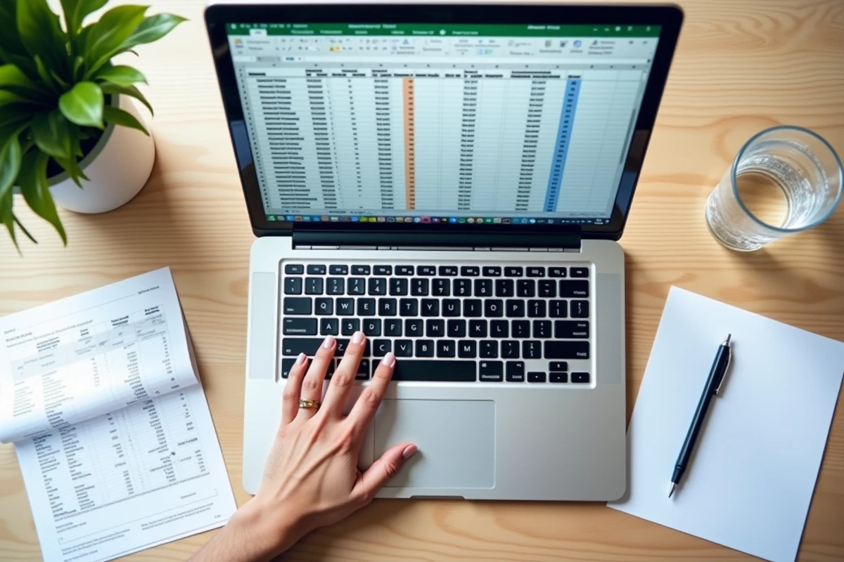 Vue plongeante sur un écran Excel affichant des doublons surlignés avec une main prête à utiliser le pavé tactile