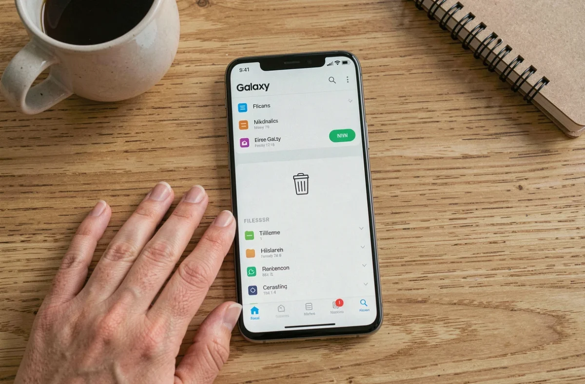 Vue du dessus d'un Samsung Galaxy affichant l'icône corbeille dans le gestionnaire de fichiers